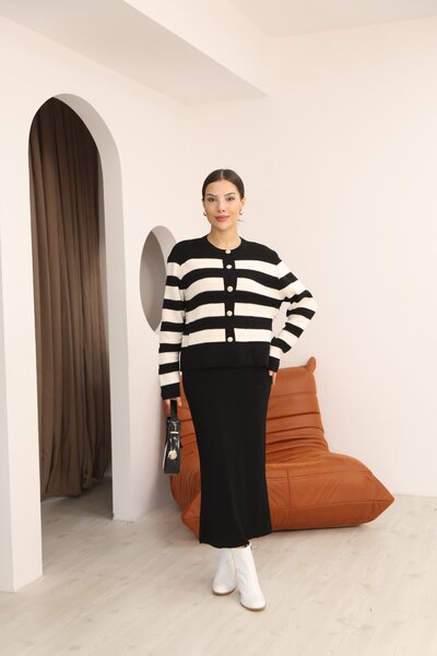 İKLİM LİFE Düğmeli Kalın Çizgili Hırka Jile Elbise Takım