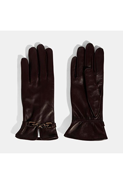 Desa Women's Burgundy Leather Gloves with Chain Accessories