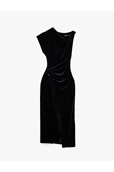 Koton slim fit Rochie din catifea cu două rânduri de nasturi cu guler asimetric cu detaliu cu nod