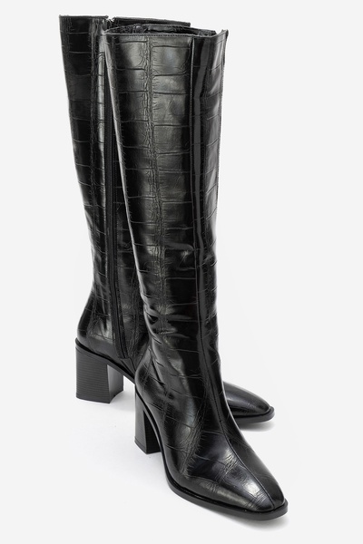 LuviShoes Venia Black Print Women's Thick Heeled Boots