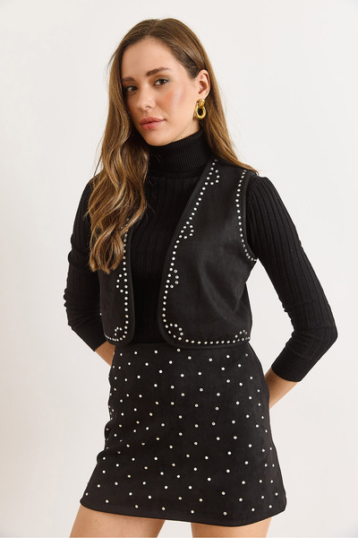 Olalook Women's Black Stone Detailed Suede Vest Ylk-19000095