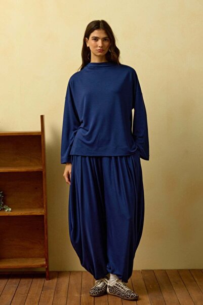 Ceylan Otantik Navy Blue Straight Collar Shalwar Pants Set