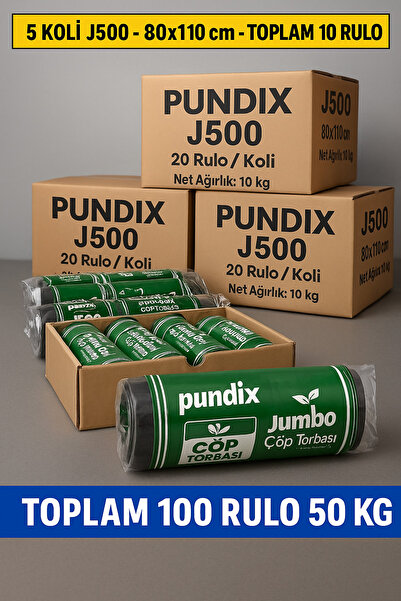 Pundix J500 Jumbo Boy Çöp Torbası 80X110 Cm– 5 Koli (Toplam 100 Rulo / 50 Kg)...
