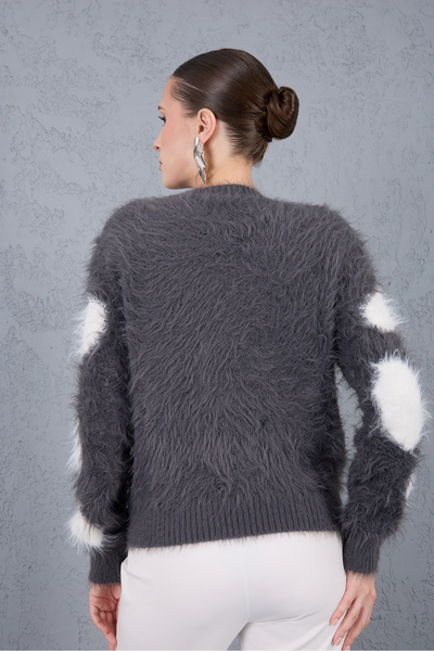 Clothes Fast Smoked-White Beard Yarn Patterned Crew Neck Knitwear Sweater