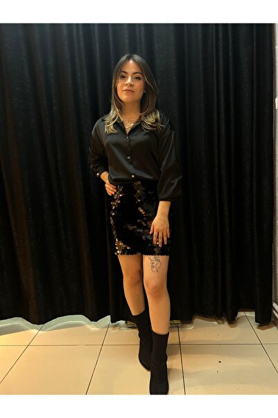 Elit Butik Sequined Black Mini Skirt Party Christmas