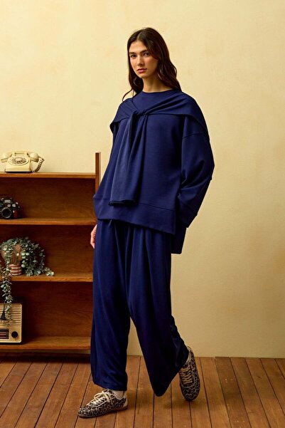 Ceylan Otantik Navy Blue Tie-Up Trouser Set