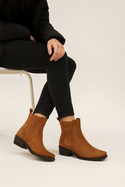 Elvessa Kadın Taba Süet Lastikli İçi Kürklü 3 Cm Topuklu Kaymaz Taban Bot