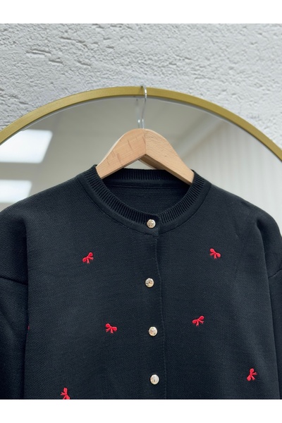 MİHRA STORE Karoria Bow Detail Metal Button Knitted Cardigan-Sy3221 Black