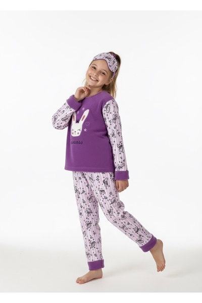 Beka Kids Girl's Patterned Soft Thick Winter Applique Embroidered Purple Fleece Pajama Set Warm Fabric