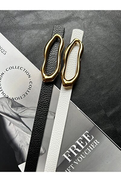 LİA KEMER 2-Pack Laud Long Wave Patterned Women's Gold Buckle Belt Jacket Belt Dress Belt Trouser Belt