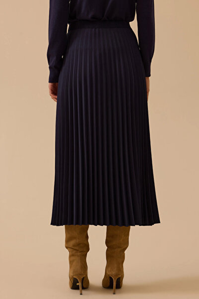 SEÇİL Women's Flexible Waist Pleated Basic Skirt 1019 Navy Blue