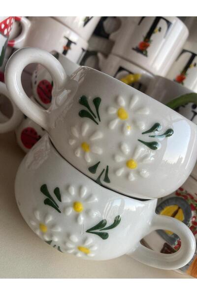 RGS HOMELİFE YENİ MODEL 2 KİŞİLİK SERAMİK KUPA KALPLİ ÇİÇEKLİ MANTARLI PAPATYALI HEDİYELİK ÇAY KAHVE FİNCANI
