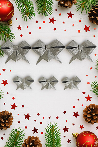 DODOMAR Panglică cu fundă Eva cu sclipici argintiu – Set de 6 (3×9 cm + 3×6,5...