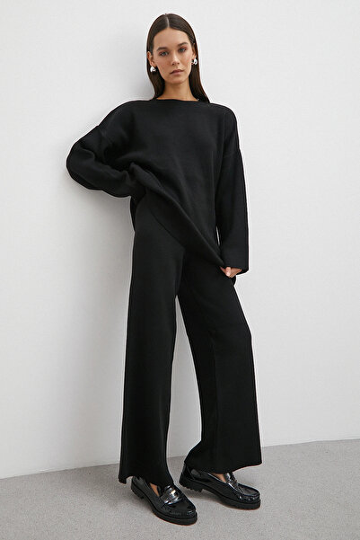 Never more Skirt with Crossed Pants Crew Neck Suit Black