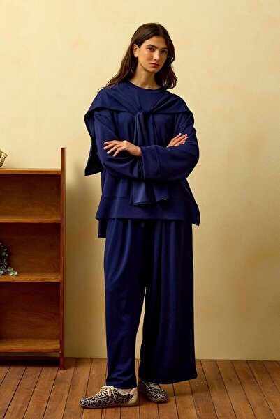 Ceylan Otantik Navy Blue Tie-Up Trouser Set