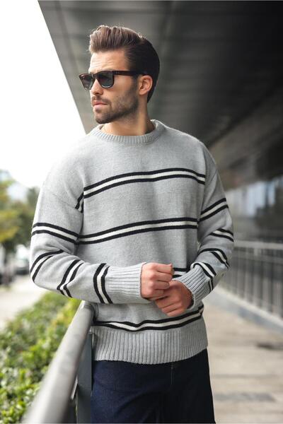 Madmext Gray Striped Knitwear Men's Sweater E7457