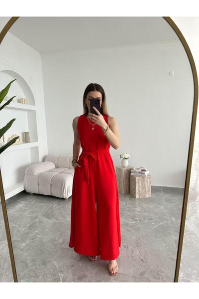 CKBUTİK Nar Çiçeği Geniş Paça Kuşaklı Tulum