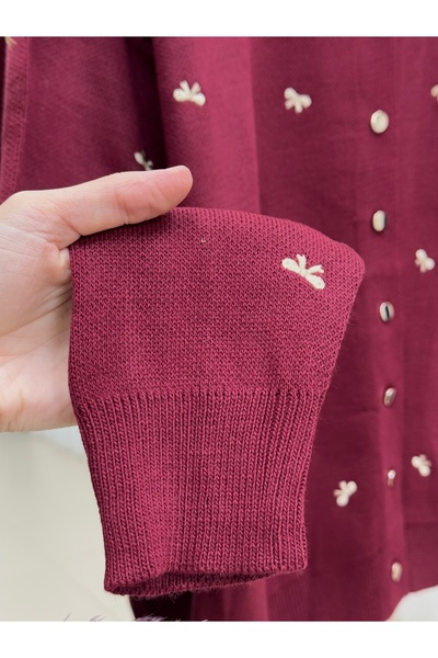 MİHRA STORE Karoria Bow Detail Metal Button Knitted Cardigan-Sy3221 Burgundy