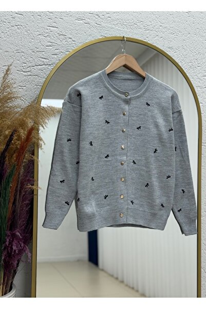 MİHRA STORE Karoria Bow Detail Metal Button Knitted Cardigan-Sy3221 Gray