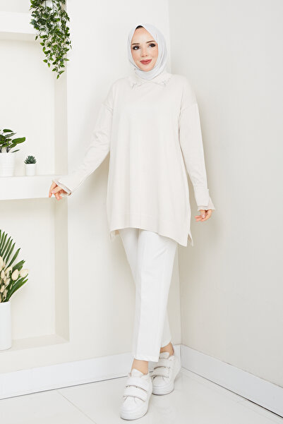 Pamuk Butik Women's Sleeve Mouth Lace Detailed Mercerized Knitwear Tunic