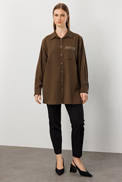 Ekol Women's Plus Size Pocket Stone Embroidered Shirt 3561 Khaki