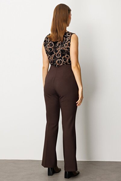 Ekol Women's Plus Size Thick Elastic Waist Flared Pants 1107 Brown