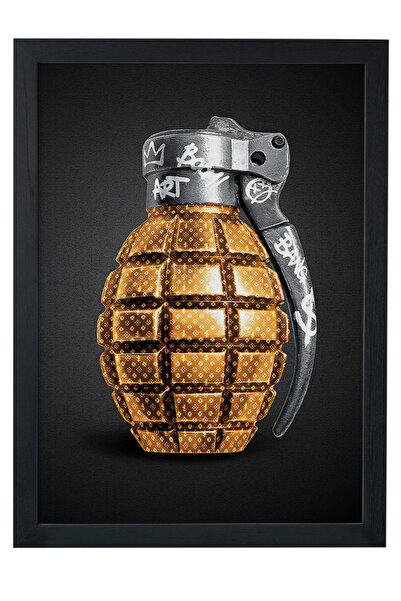 gxe.art Poster cu pictură în lemn cu cadru negru, Grenade Pop Art, auriu