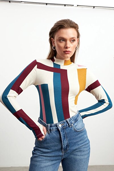 Yefrastore Women's Colorful Long Block Patterned Finger Detailed Bodysuit