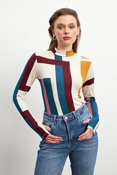 Yefrastore Women's Colorful Long Block Patterned Finger Detailed Bodysuit