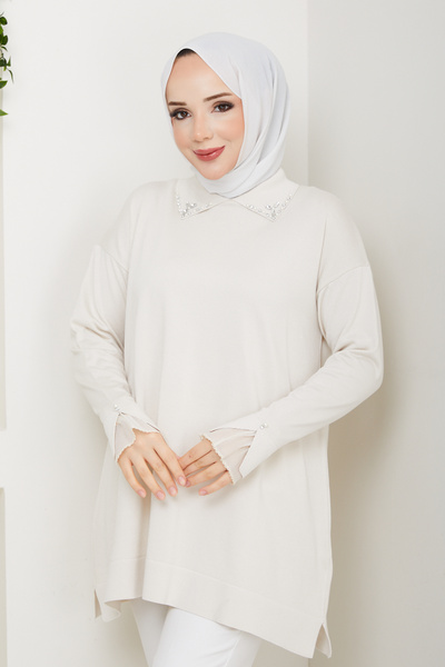 Pamuk Butik Women's Sleeve Mouth Lace Detailed Mercerized Knitwear Tunic