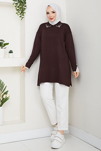 Pamuk Butik Women's Sleeve Mouth Lace Detailed Mercerized Knitwear Tunic