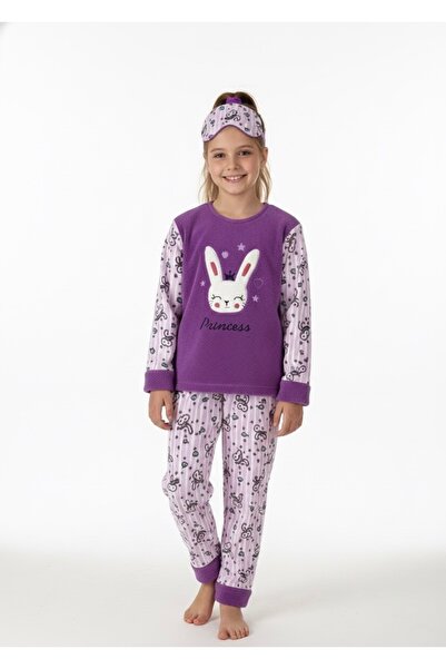 Beka Kids Girl's Patterned Soft Thick Winter Applique Embroidered Purple Fleece Pajama Set Warm Fabric