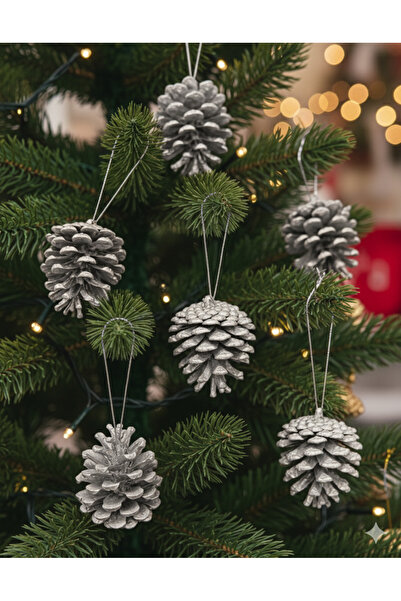 DODOMAR Коледна елха от борови шишарки 4 см, 6 броя – лакирана сребърна декор...