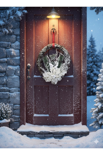 DODOMAR 33 cm Karlı Dallı Yuvarlak Yılbaşı Kapı Süsü – Çiçekli ve Çam Dallı D...