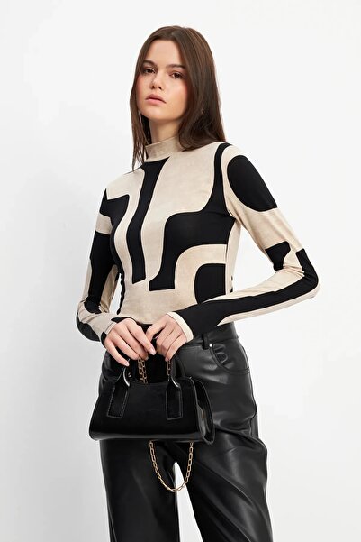 Yefrastore Women's Black Beige Mango Patterned Finger Detailed Bodysuit