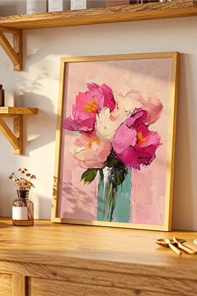 VERONİCA LİNE Palet Bıçağı Tekniği Yağlı Boya Pembe Çiçekler Ahşap Çerçeveli ...