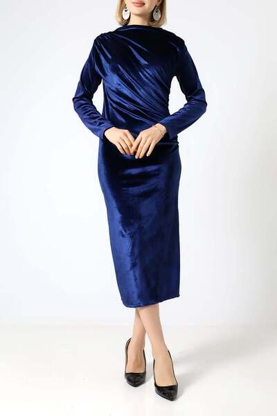 Sabr فستان ميدي مخملي نصف فيشر فستان بتجاعيد مجمّعة – فستان مخملي أنيق وراقي