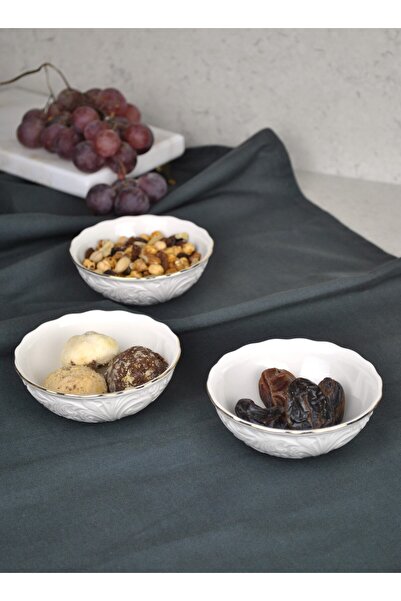 Qualitev 3-Piece Gold Gilded Porcelain Snack Bowl Presentation Bowl 11 cm Sauce Bowl Presentation Bowl Treat Bowl - Pera