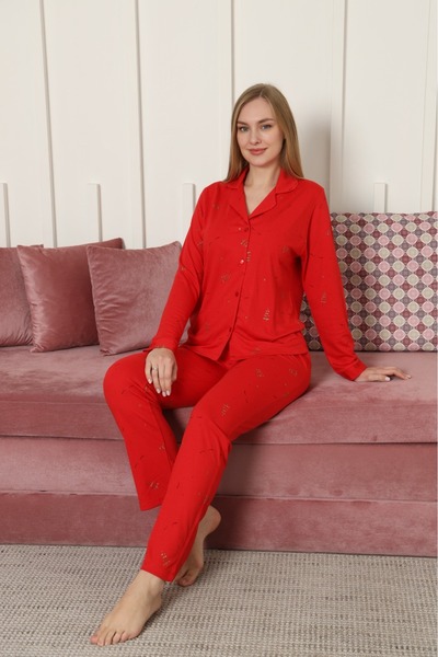 Espuar Women's Buttoned Shirt Collar Patterned Combed Cotton Pajama Set