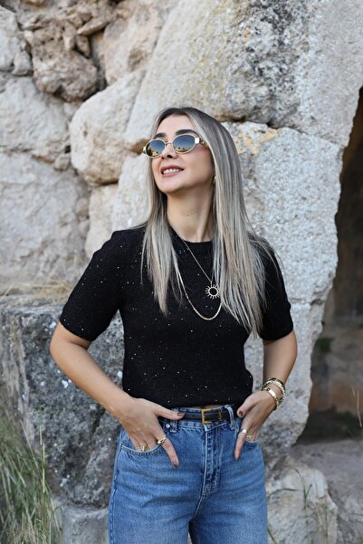 bytugcekaya Black Standard Size Sequin Glitter Knit Sweater