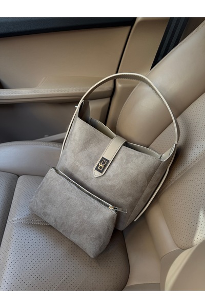 NOTHING Women's Suede Mink Gold Lock Detail Accessory Adjustable Lock Strap Handbag and Shoulder Bag