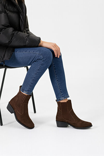 Elvessa Kadın Acı Kahve Süet Lastikli İçi Kürklü 3 Cm Topuklu Kaymaz Taban Bot