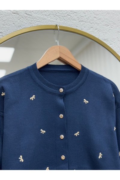 MİHRA STORE Karoria Bow Detail Metal Button Knitted Cardigan-Sy3221 Navy Blue