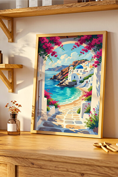 VERONİCA LİNE Doğal Ahşap Çerçeveli Santorini Deniz Manzarası Yaz Temalı Deko...
