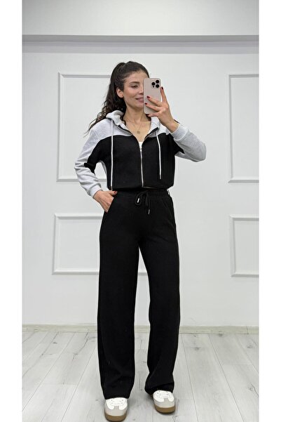 TUNAM BUTİK 0801 طقم غارني بتفاصيل مميزة وقلنسوة من سيلانيك باللون الأسود