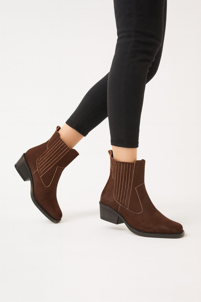 Elvessa Kadın Acı Kahve Süet Lastikli İçi Kürklü 3 Cm Topuklu Kaymaz Taban Bot