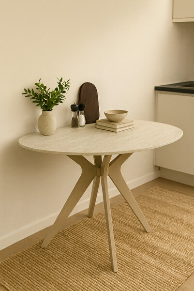 UMS MOBİLYA Traverten Desenli Kompozit Ahtapot Ayaklı Yuvarlak Masa – Yemek M...