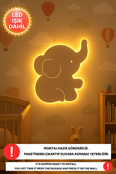 Dekorvin 1 Adet Fil Led Işık Gece Lambası Bebek Çocuk Odası Duvar Dekorasyonu Aydınlatma Ahşap Gece Lamba