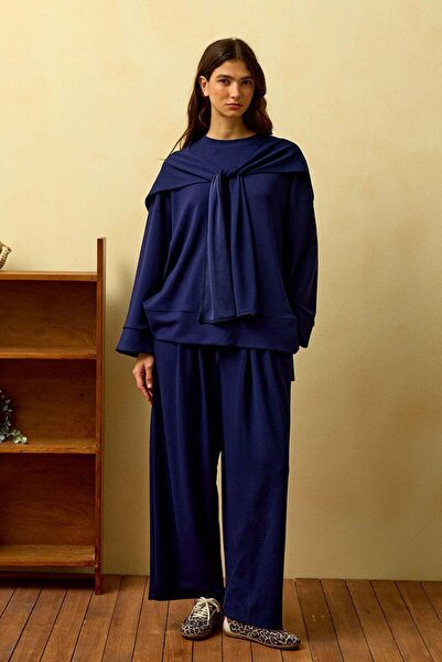 Ceylan Otantik Navy Blue Tie-Up Trouser Set