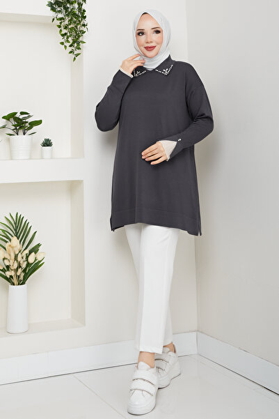 Pamuk Butik Women's Sleeve Mouth Lace Detailed Mercerized Knitwear Tunic